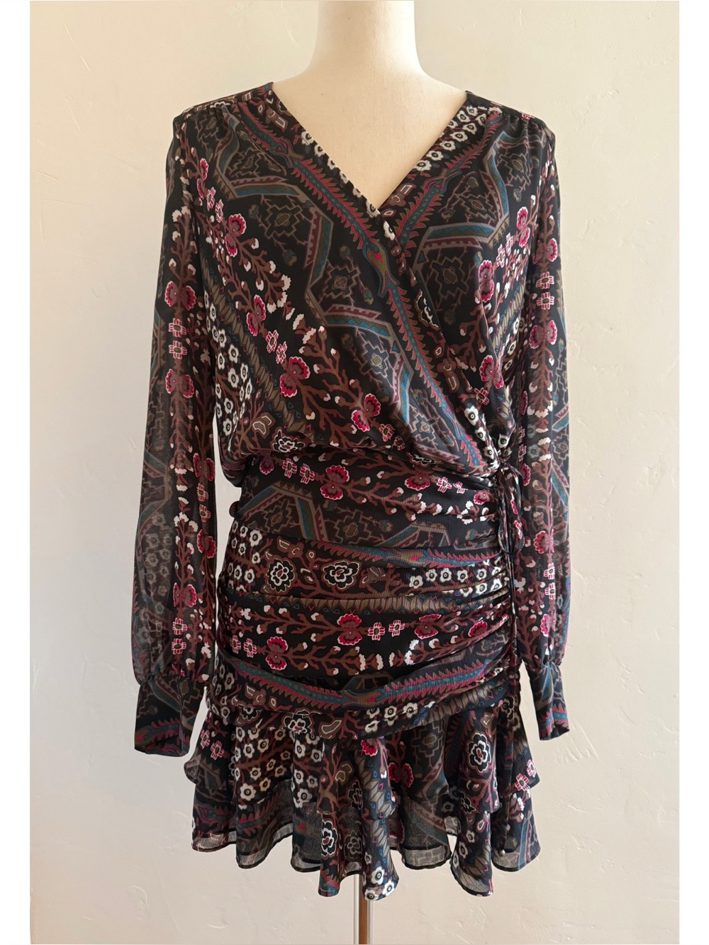 Veronica Beard Silk Edison Ruched Dress 4 Surplice V Neck Paisley Print